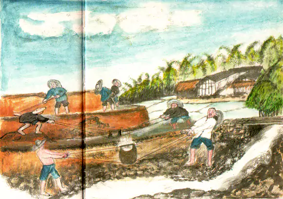 肩斗汲水浇田地 从前 人们常常用戽斗汲水浇田-往事入画