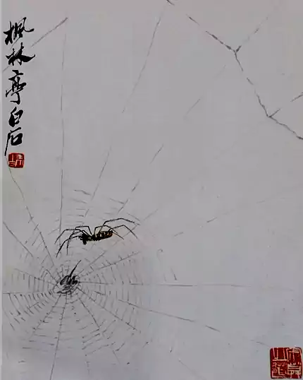 《工虫画册》之七 蜘蛛又称喜蛛 故此画有“喜从天降”“喜庆临门”“抬头见喜”等寓意