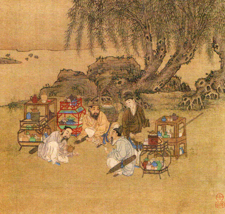[元] 佚名(货郎图页)  图中三名货部腰别纸伞 在茶摊旁席地而坐