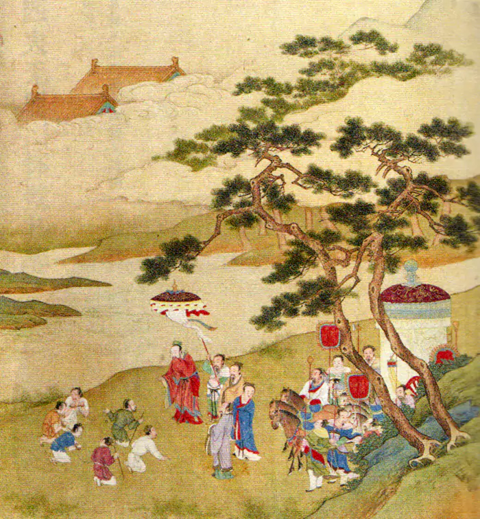 [明] 佚名 《帝鉴图说·下车泣罪》此图描绘的是大禹巡狩各地时在路上遇到一队被押解的罪犯