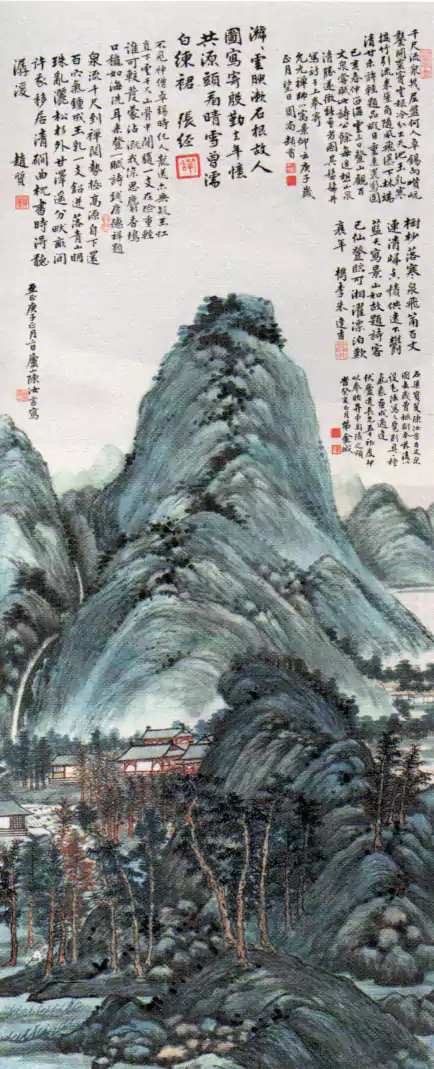 [近现代]金城《仿陈汝言山水轴》群山连绵 松涛阵阵 高处清泉飞泻而下