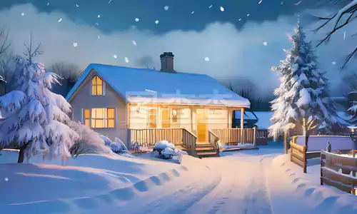 《大雪之境》大雪纷纷扬扬如梦幻的白纱将木屋温柔掩藏-自由诗