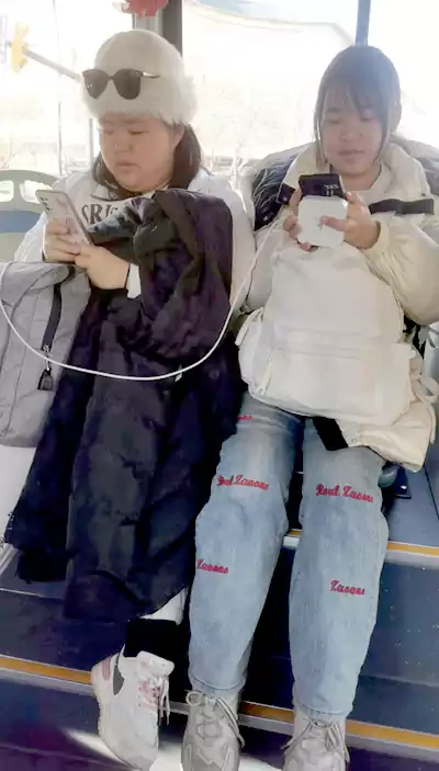 公交逢女 公交对坐似双娇 未笑清姿意韵飘 平常桃腮添俏色