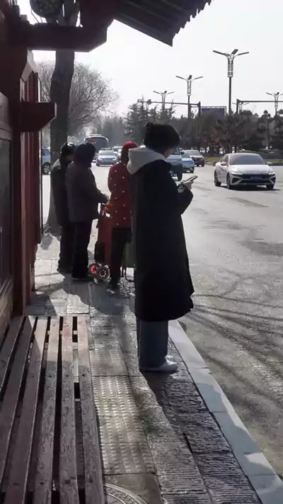 公交站遇佳人：云淡光柔映站台 佳人独立韵悠哉 黑袄袅袅身姿显