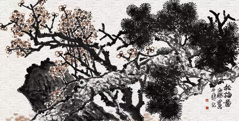 松梅图-北京宋庄的画 素绢铺开绘景幽 松梅并立意难休