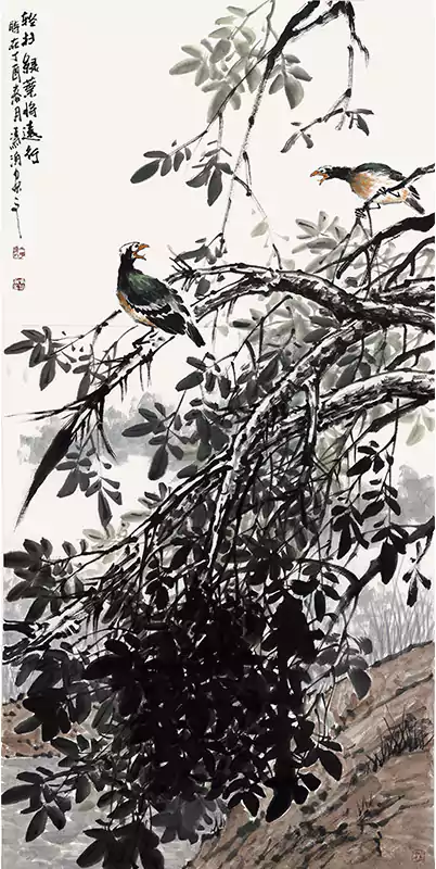 轻舟绿蓑将远行 岸畔枝初盛 繁荫隐鸟声 双禽张口唤 似诉别离情