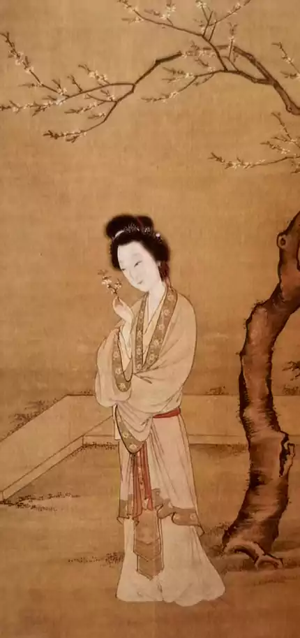 [明]张纪《人面桃花图》  初春时节 庭院中桃花初绽