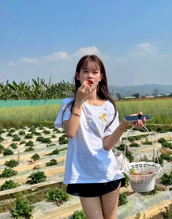 摘草莓的女孩-晴日园畦覆翠茵 红衣不见见白巾