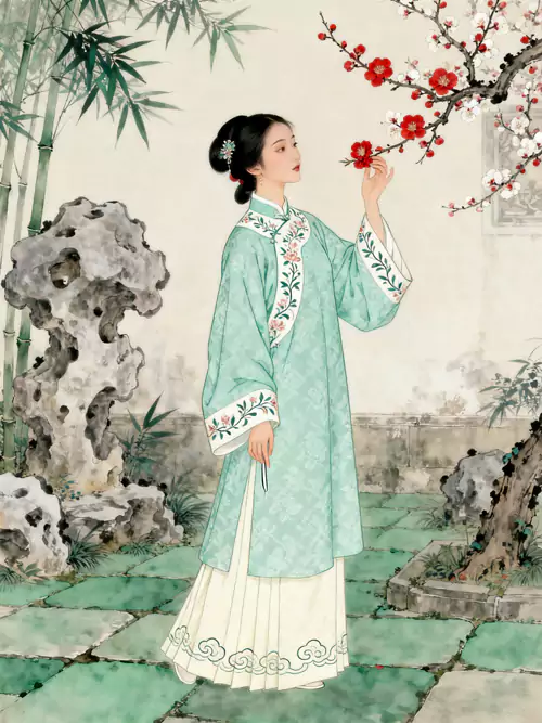 配图咏汉服丽人诗词五首:云想衣裳花想容 春风拂槛露华浓