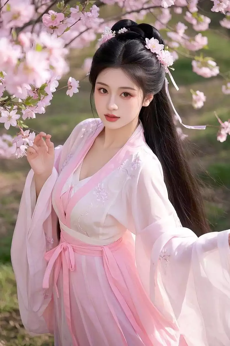 樱下仙姿：东风吹暖入芳丛 粉雪轻扬落彩虹 云髻堆烟簪浅碧