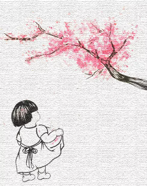一树胭脂 一寸童真：素白如粗麻布的纸面上 墨线轻轻勾出矮矮的小姑娘